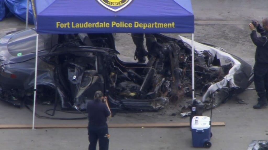 Two teenagers in Ft. Lauderdale died after their Tesla Model S vehicle crashed and caught fire. Photo courtesy: WPLG/Associated Press