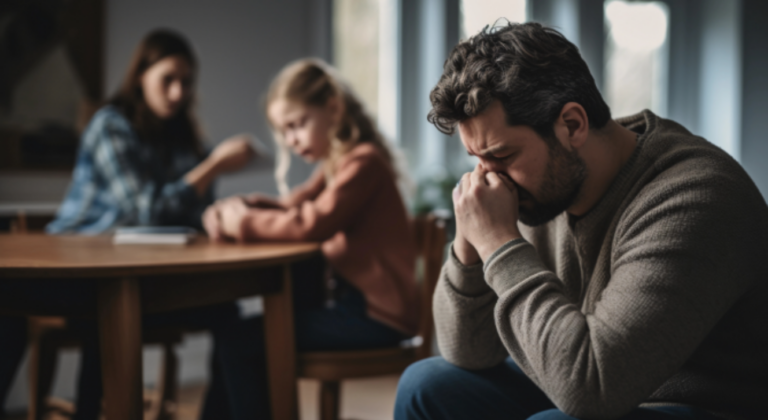 Man in distress with family in background